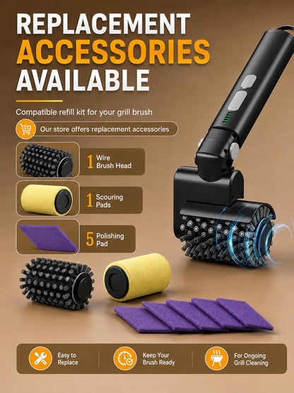 Electric Grill Brush, Cordless Automatic BBQ Cleaner with 3-Speed Control, Rechargeable Grill Cleaning Brush with Stainless Steel Heads & Scouring Pad, BBQ Accessories Gift for Men