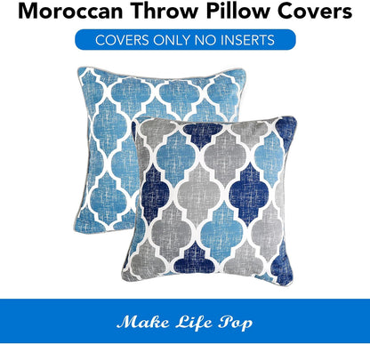 Throw Pillow Covers 20X20 for Couch Sofa Moroccan Blue Gray 2 Sets | Soft Chenille Print Geometric Velvet 2-Sided Pattern Decorative Square Standard Pillowcases for Bedroom Living Room
