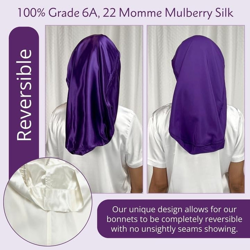 100% Mulberry Silk Hair Sleep Bonnet - Reversible Sleep Bonnet for Women, Wide Band Adjustable Tie, Night Cap for Curly Hair