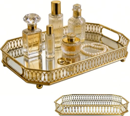 Mirror Tray,11.42×7.09 Inch Decorative Gold Mirror Tray for Home Decor, Vanity Organizer (For Perfumes), Bathroom Countertop Storage & Table Centerpiece