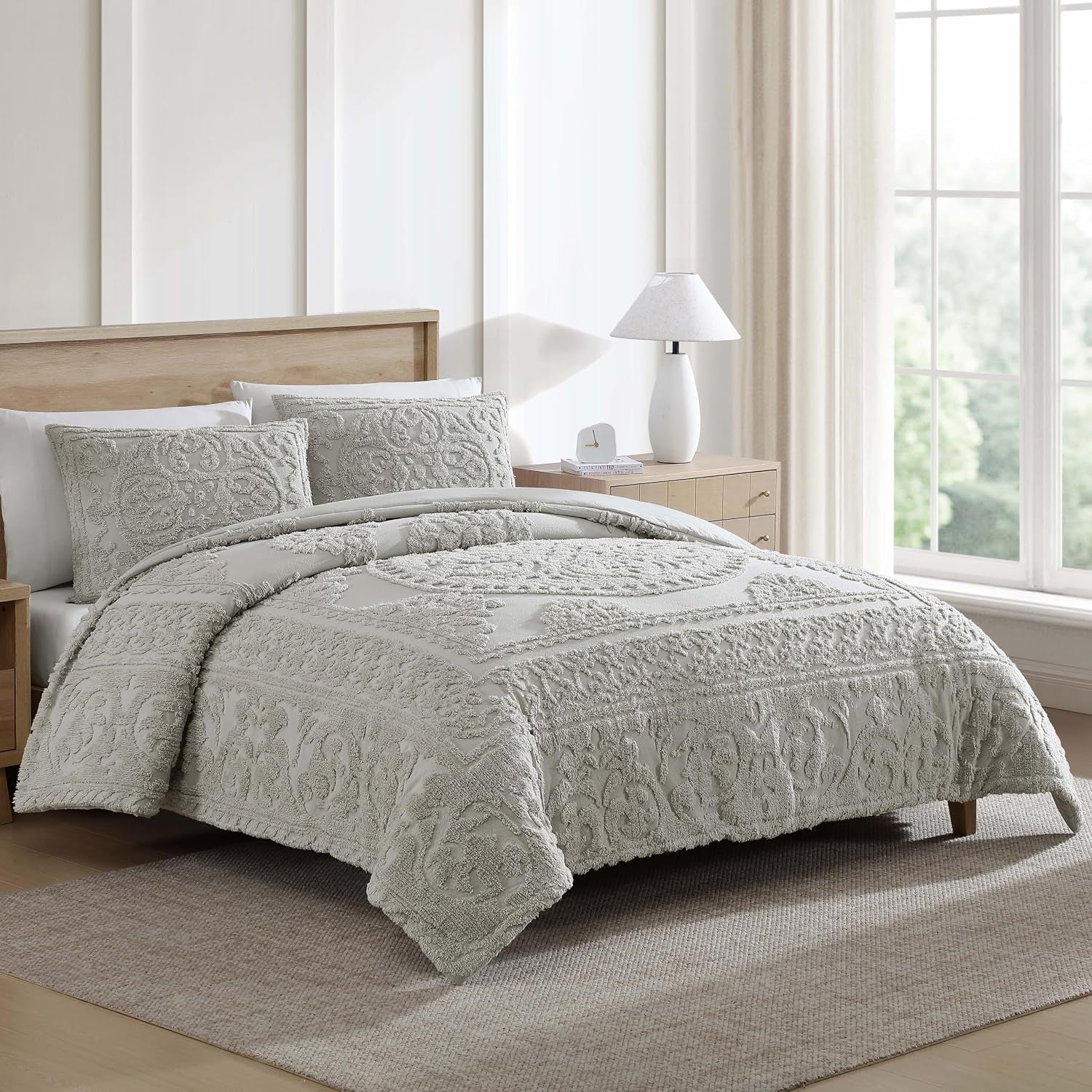 Medallion King Cotton Chenille Comforter Set, Gray | Vintage Tufted Cozy Plush 100% Cotton with Poly Fill 3-Piece Set with Large Centered Medallion Design