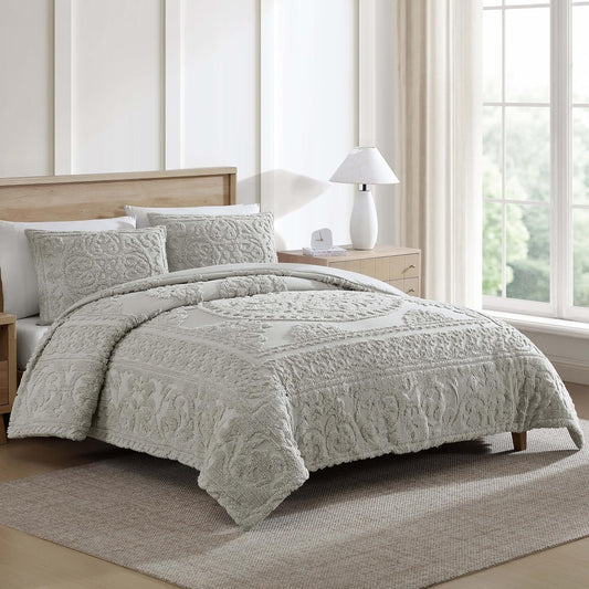 Medallion King Cotton Chenille Comforter Set, Gray | Vintage Tufted Cozy Plush 100% Cotton with Poly Fill 3-Piece Set with Large Centered Medallion Design