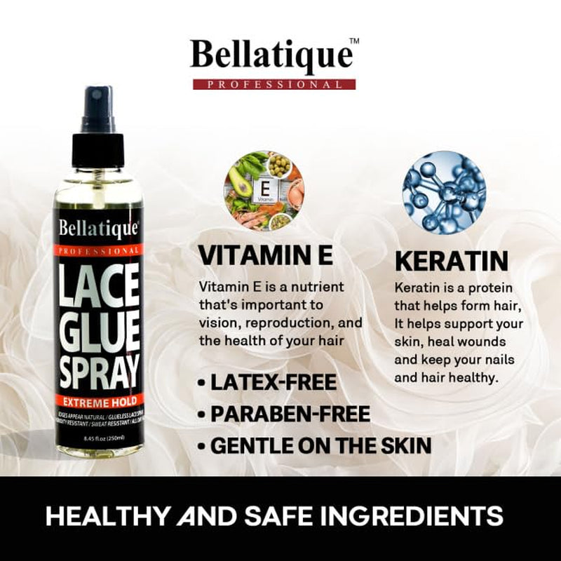 Lace Glue Spray - Extreme Hold. Edges Appear Natural, Humidity Resistant, Sweat Resistant, All Day Hold, Quick Drying, Flake Free, Easily Removed, Quick & Easy. (8 Oz)
