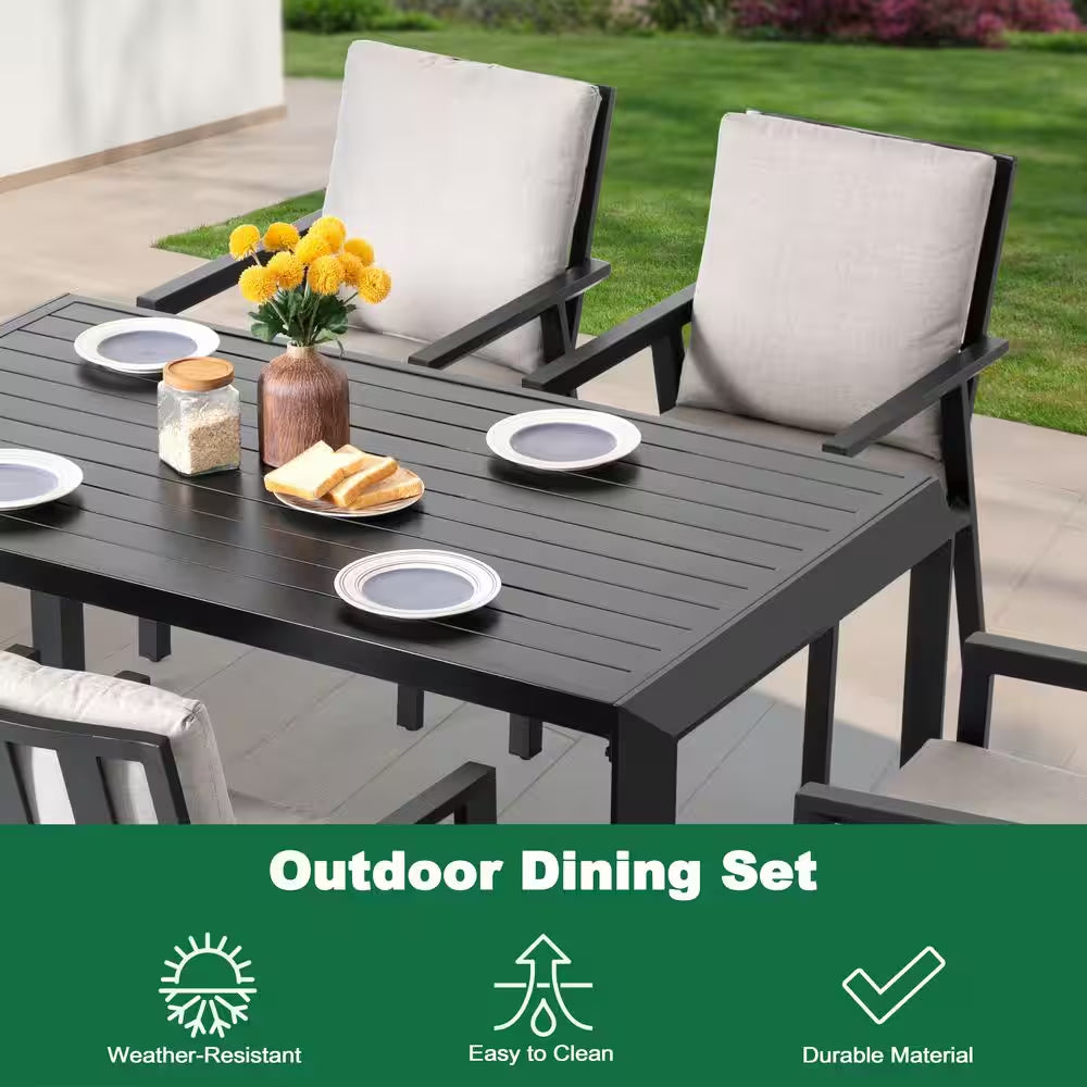 Black 7-Piece Aluminum Outdoor Dining Set with Gray Cushion