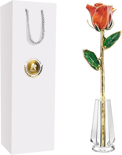 Gold Dipped Rose, 24K Gold Rose Made from Real Rose - Unique Design Gold Plated Rose for Anniversary Valentines Mothers Day Birthday Gifts (Orange Original with Crystal Vase)