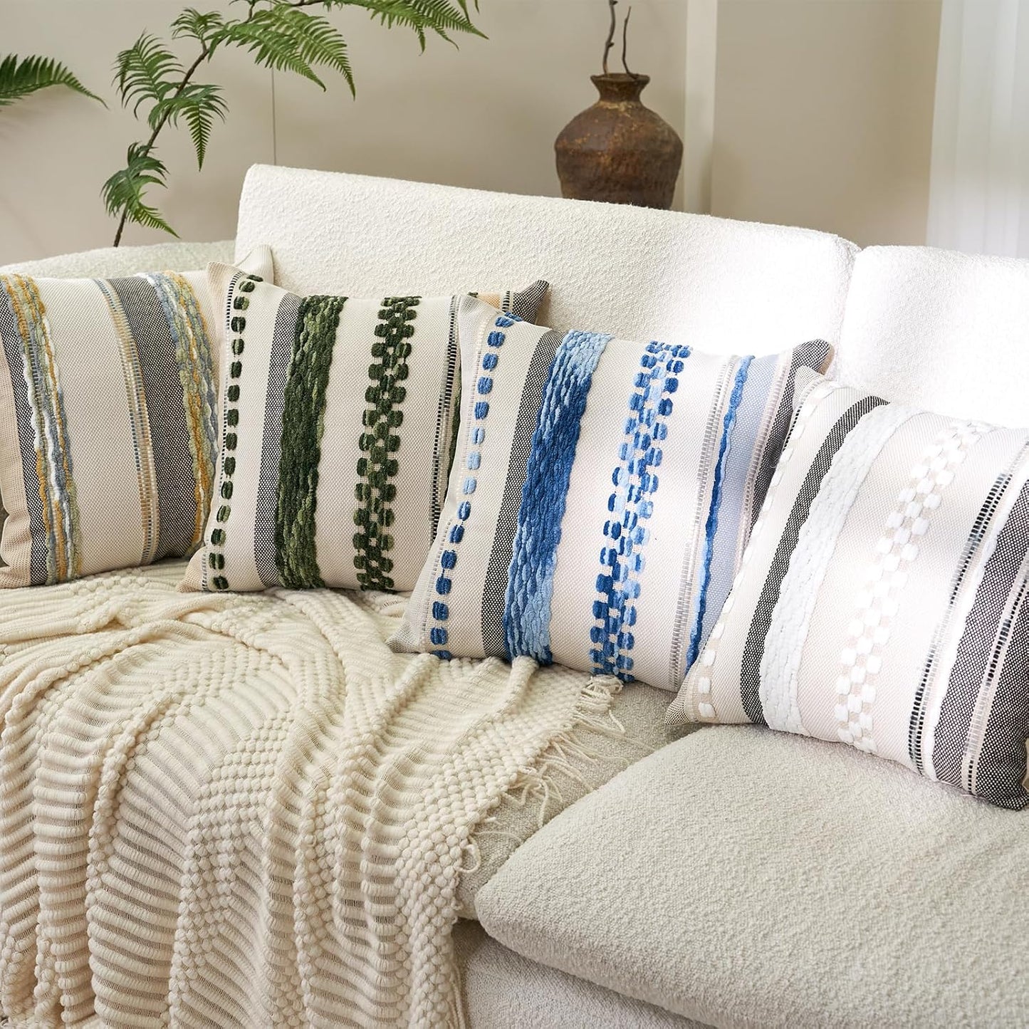 Boho Throw Pillow Covers 18X18 Inch Set of 2, Farmhouse Decorative Striped Square Pillow Covers Chenille Tufted Pillow Cases Accent Neutral Pillowcase for Living Room Couch Bed, Sky Blue