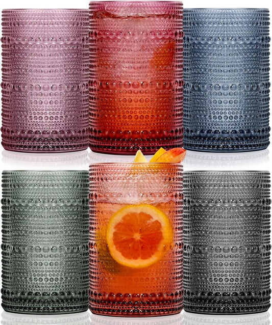 Colored Hobnail Drinking Glasses Set of 6, 12Oz Vintage Highball Glasses, Kitchen Glassware, Beaded Glass Cups for Iced Coffee, Cocktail, Beer, Juice, Cocktail, Whiskey, Milk