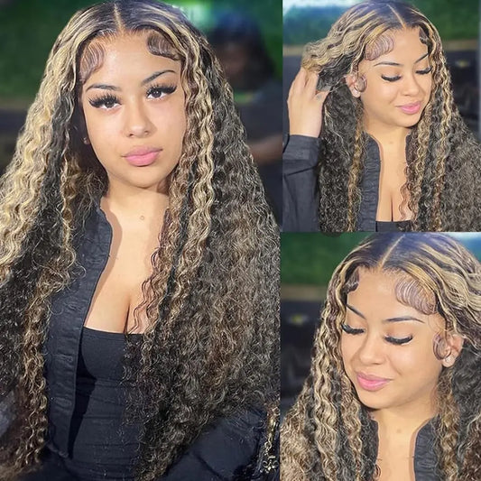 Vlusee 13x6 Deep Wave Lace Front Wigs Human Hair Fb/27 Ombre Blonde Lace Front Wig Human Hair Pre Plucked 13x6 HD Full Lace Frontal Curly Human Hair Glueless Wig for Women 24 Inch - Zayd’s Department Store