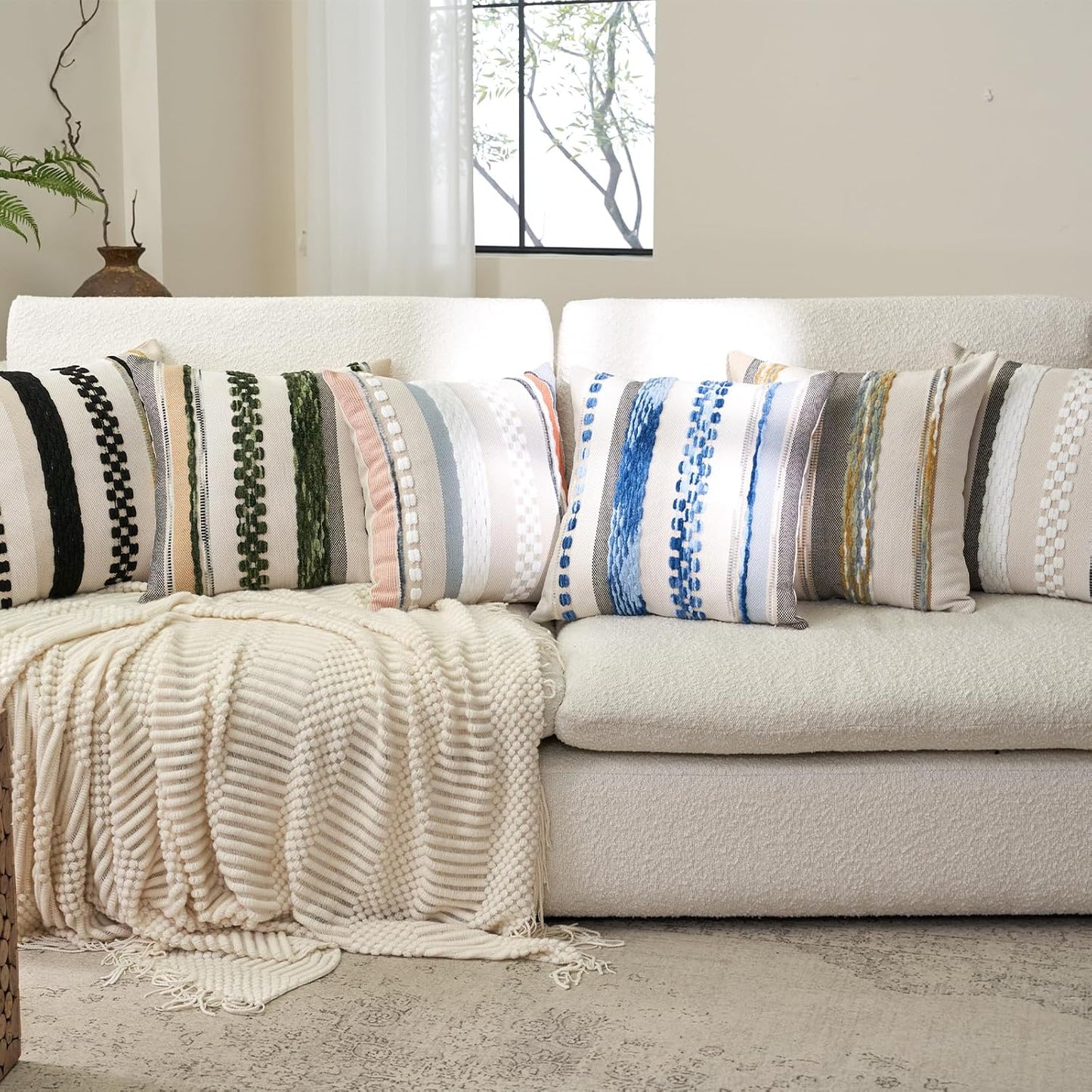 Boho Throw Pillow Covers 18X18 Inch Set of 2, Farmhouse Decorative Striped Square Pillow Covers Chenille Tufted Pillow Cases Accent Neutral Pillowcase for Living Room Couch Bed, Sky Blue