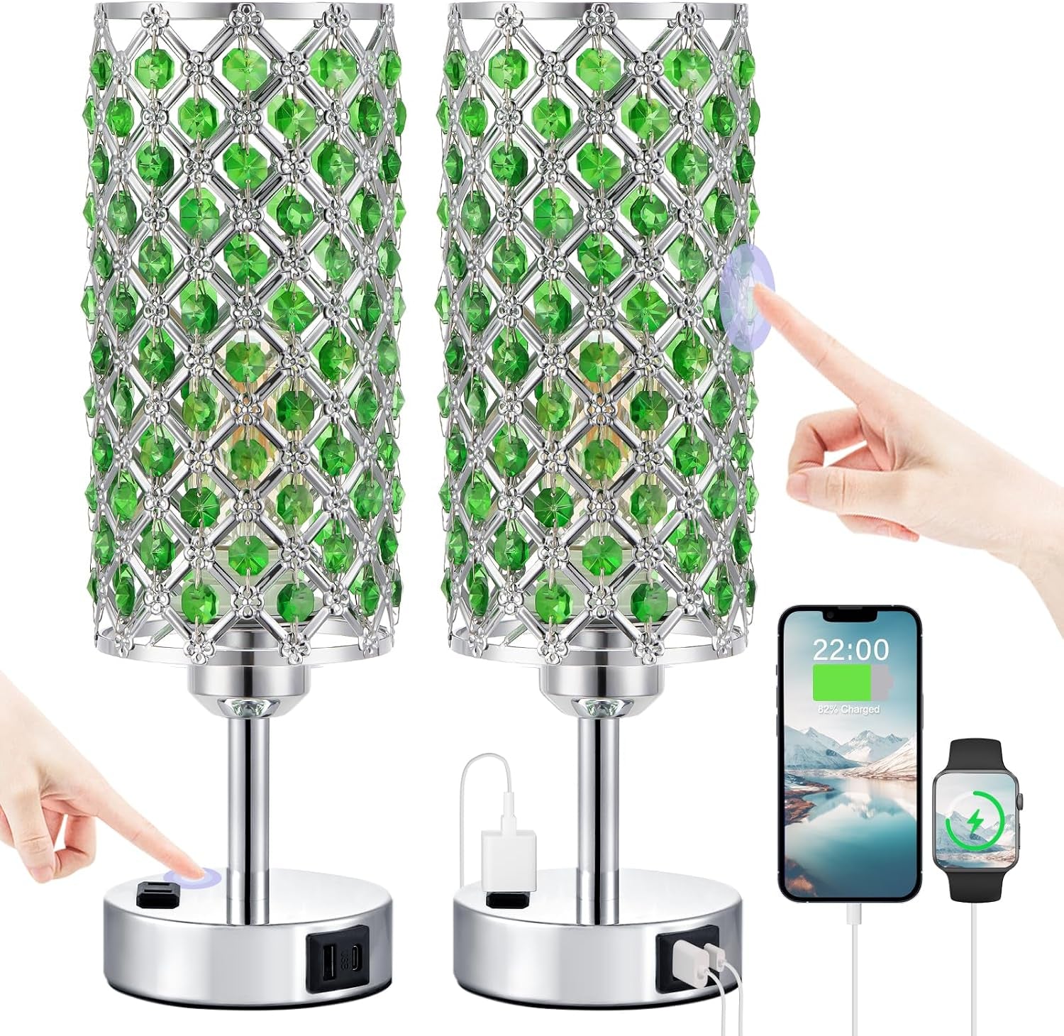Green Crystal Lamp Touch Control Set of 2, Crystal Table Lamps with USB C+A Ports & AC Outlet, 3-Way Dimmable Nightstand Touch Lamp, Modern Bedside Table Lamp for Bedroom(Bulbs Included)