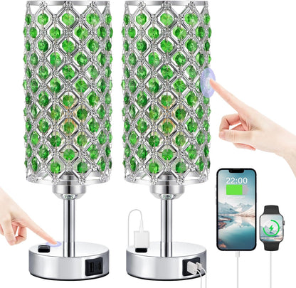Green Crystal Lamp Touch Control Set of 2, Crystal Table Lamps with USB C+A Ports & AC Outlet, 3-Way Dimmable Nightstand Touch Lamp, Modern Bedside Table Lamp for Bedroom(Bulbs Included)