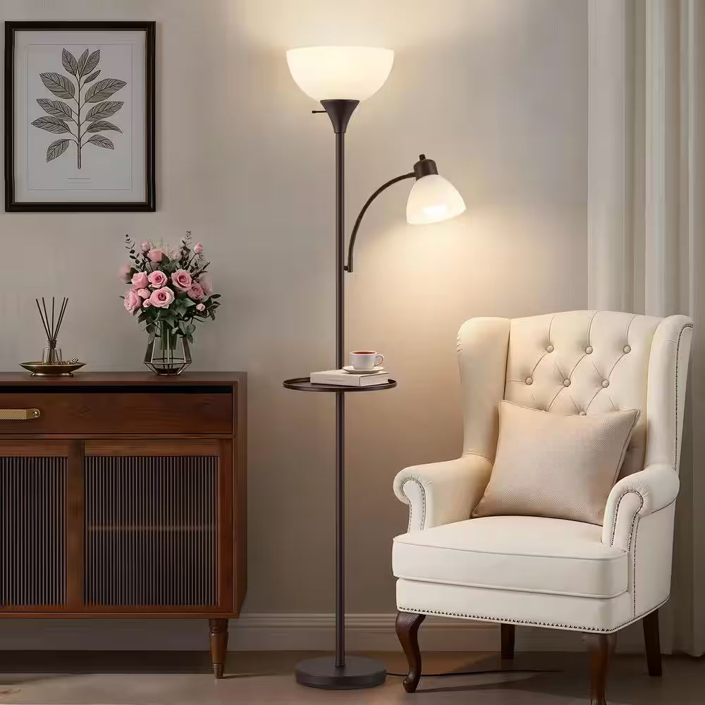 72 In. Brown Floor Lamp with Table, Adjustable Reading Lights, Modern Torchiere Floor Lamps for Living Room, Bedroom
