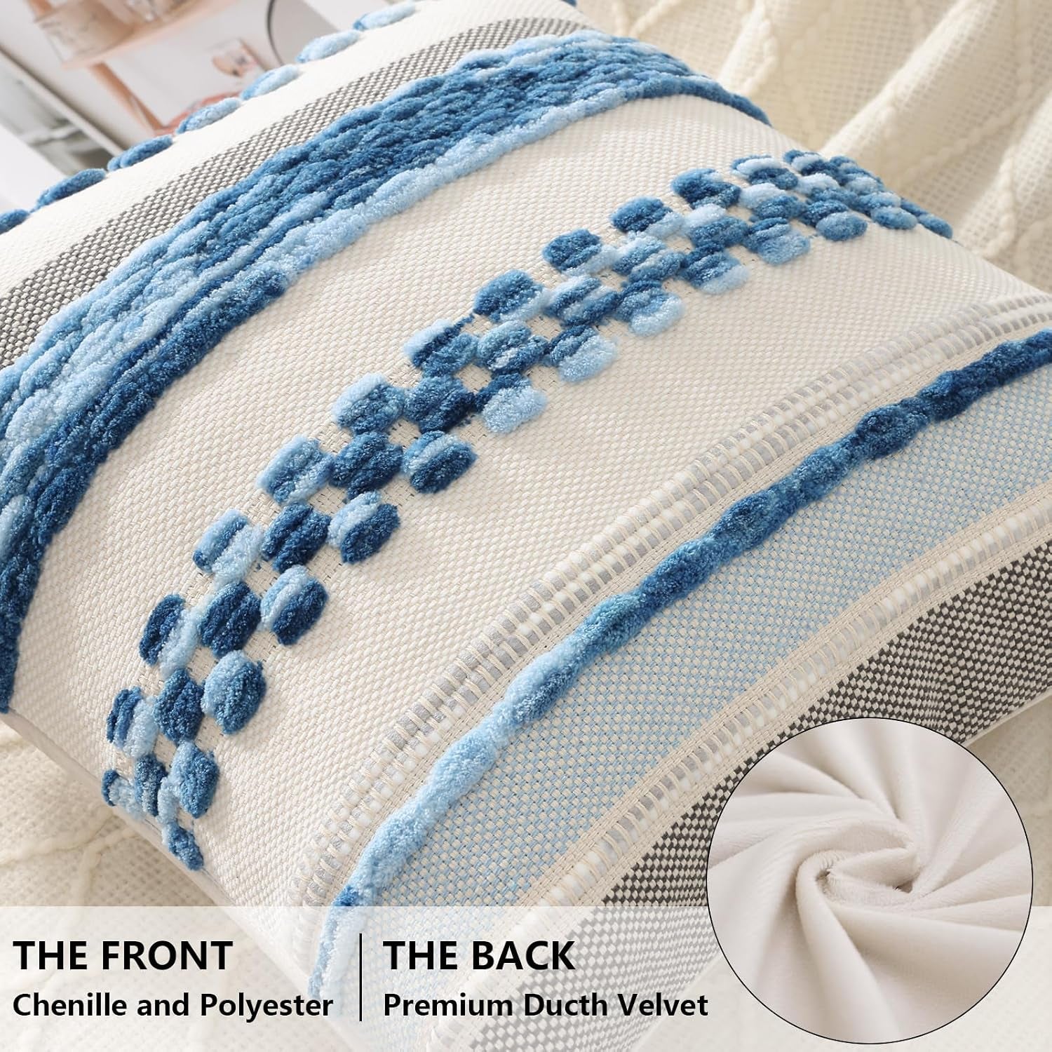 Sky Blue Throw Pillow Covers 18X18 Set of 2 | Decorative Modern Boho Farmhouse Pillow Covers Chenille Striped Tufted Couch Pillow Covers with Tassels for Bed Sofa