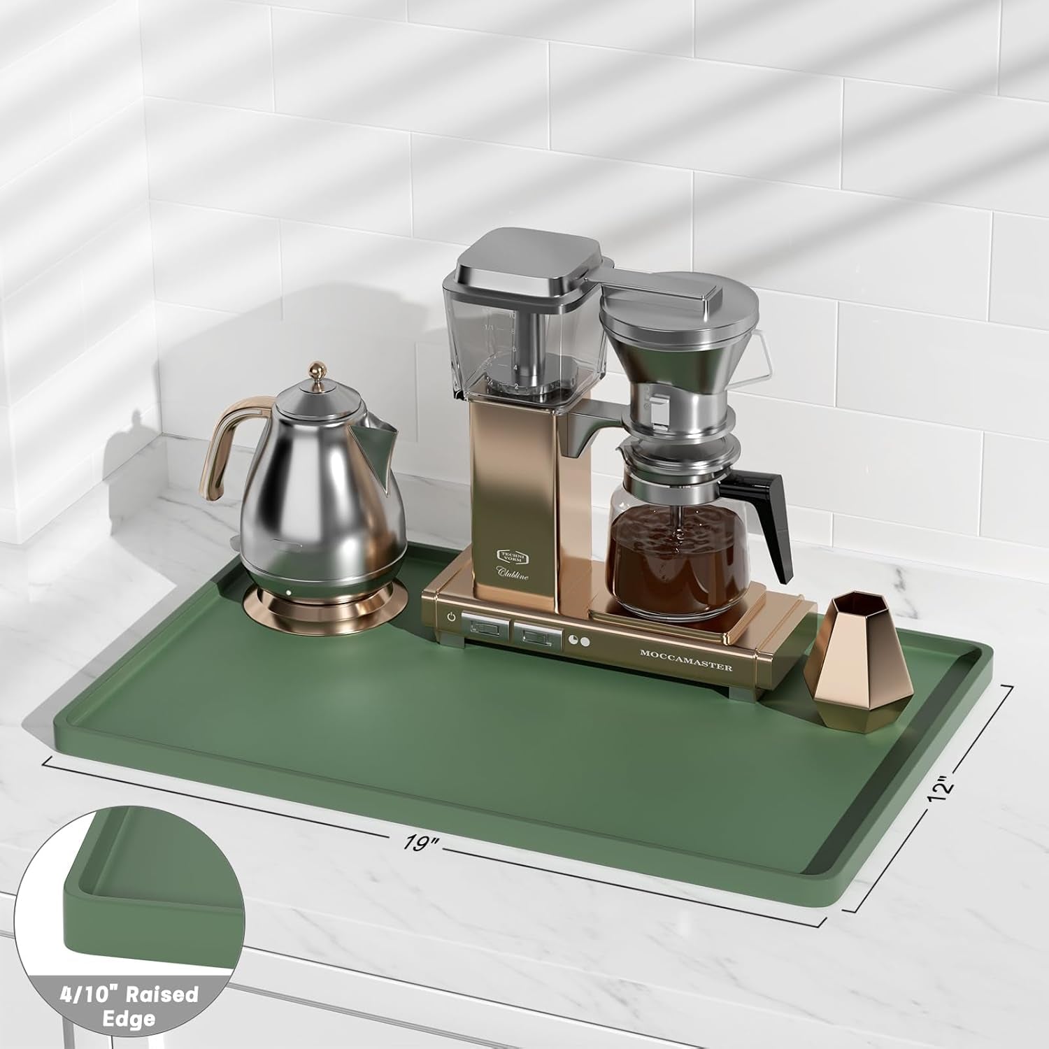 Silicone Coffee Mat, 12" X 19" Waterproof Raised Edge Coffee Bar Mats for Espresso Machine Station Accessories, Heat Resistant Dish Drying Pad for Kitchen Counter, Rubber Bar Decor Pad, Green