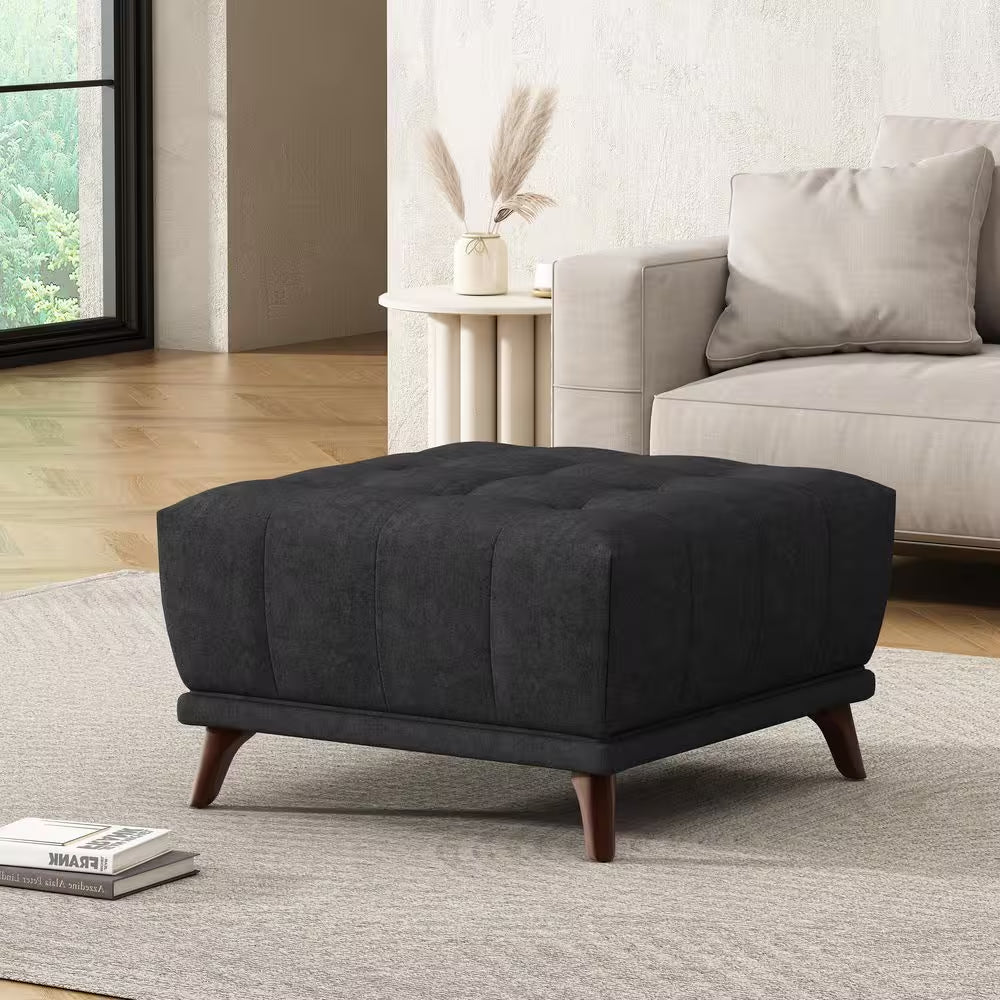 Ansel Mid-Century Modern Charcoal Grey Chenille Upholstered Square Tufted Accent Ottoman
