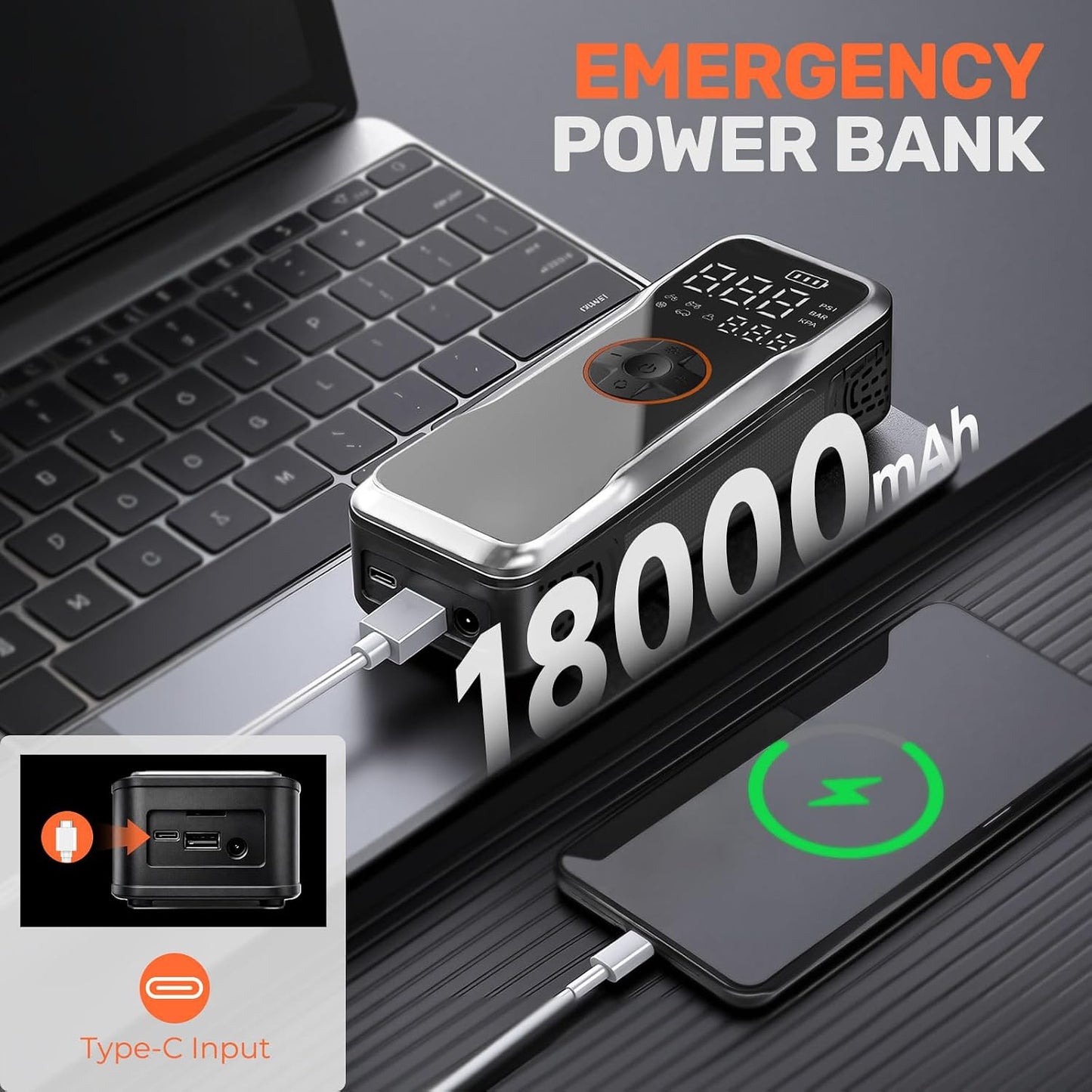 Portable Tire Inflator Air Compressor, Battery Capacity18000Mah,150Psi 5X Fast Inflation Wireless Electric Air Pump with Digital Pressure Gauge & LED Light for Car Motorcycle Bike Ball