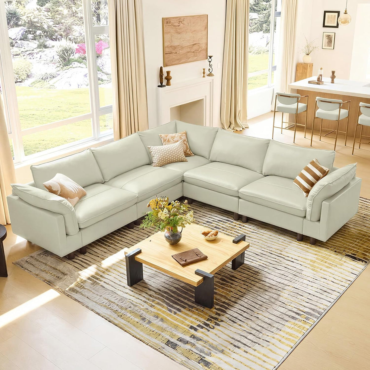 CHITA 118" Leather Super Large Sectional Couches for Living Room, Modular Cloud Sofa, Premium Genuine Leather Sofa, down Filled, High Density Foam, Real Leather in Cream, 5 Seat Corner Couch