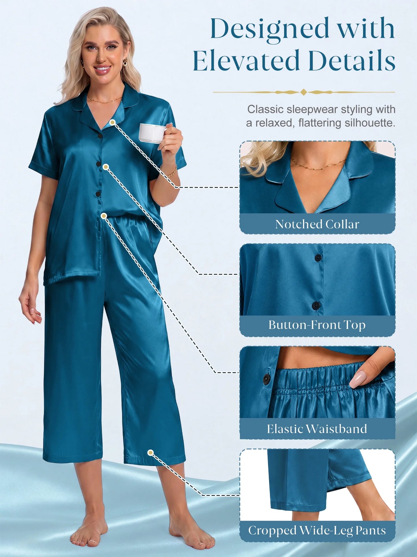 Silk Satin Pajama Set for Women Capri Pajamas Short Sleeve Button down Two Piece Pjs Sleepwear Soft Loungewear Nightwear