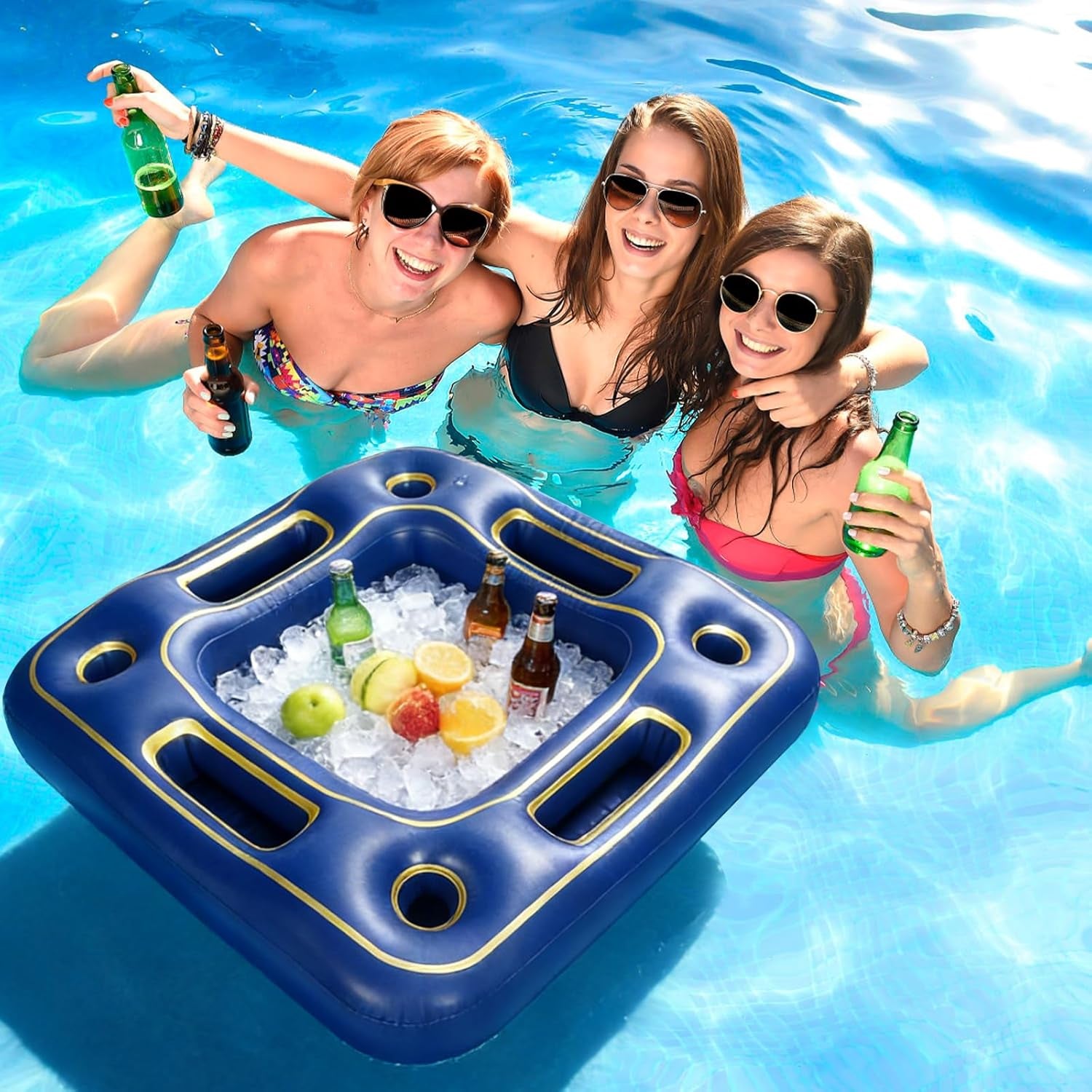 Floating Poker Table for Pool with Waterproof Playing Cards - 4 Person Inflatable Pool Games for Adults - Blue & Gold Premium Floating Card Table Set for Lake, River, and Swimming Party (40 Inch)