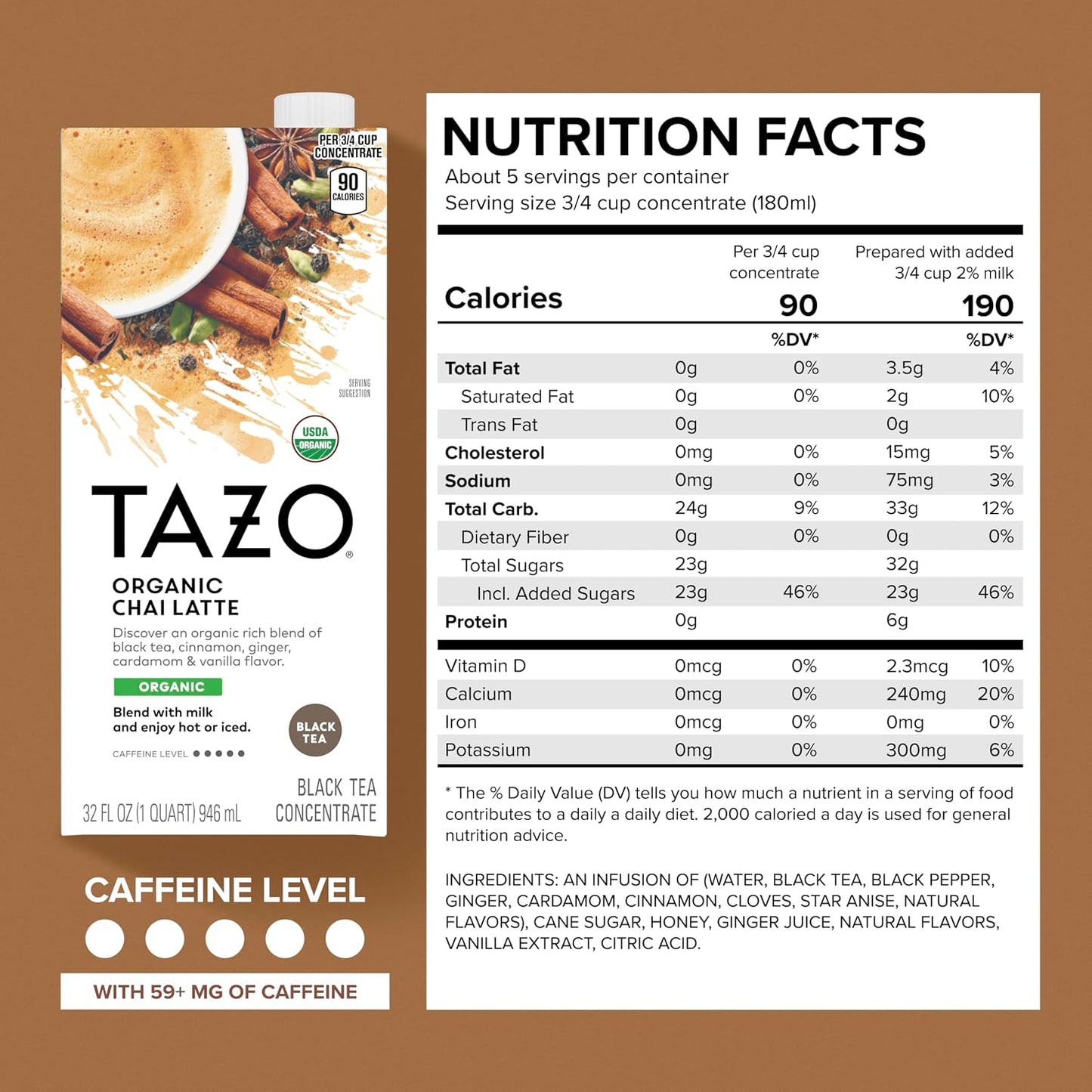 TAZO Organic Chai Latte Concentrate, Hot or Iced Black Tea, Easy-To-Serve, Everyday Lattes and Mocktails, 32 Oz Carton 2 Count (Pack of 2)
