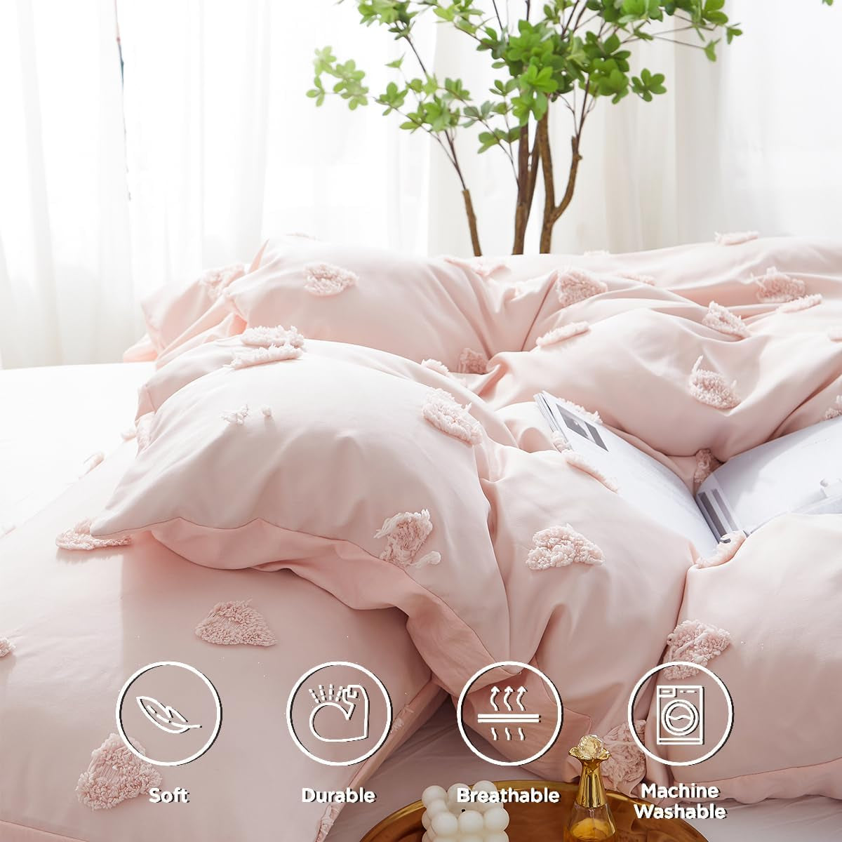 Pink Heart Duvet Cover Queen Size Boho Tufted Chenille Cute Heart Textured Comforter Cover 3Pcs Luxury Soft Washed Microfiber Aesthetic Bedding Set with Zipper Closure for All Season