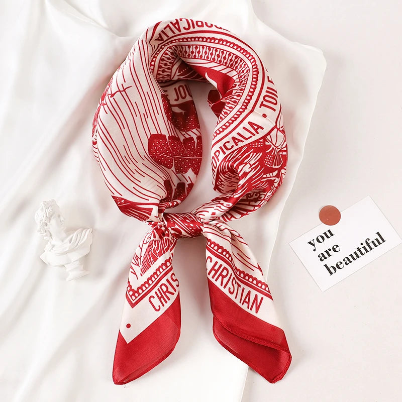 Luxury Brand 2022 Silk Square Scarf Women Cat Neck Hair Tie Band Beach Hijab Kerchief Head Headbands Bandana Female Foulard 70Cm