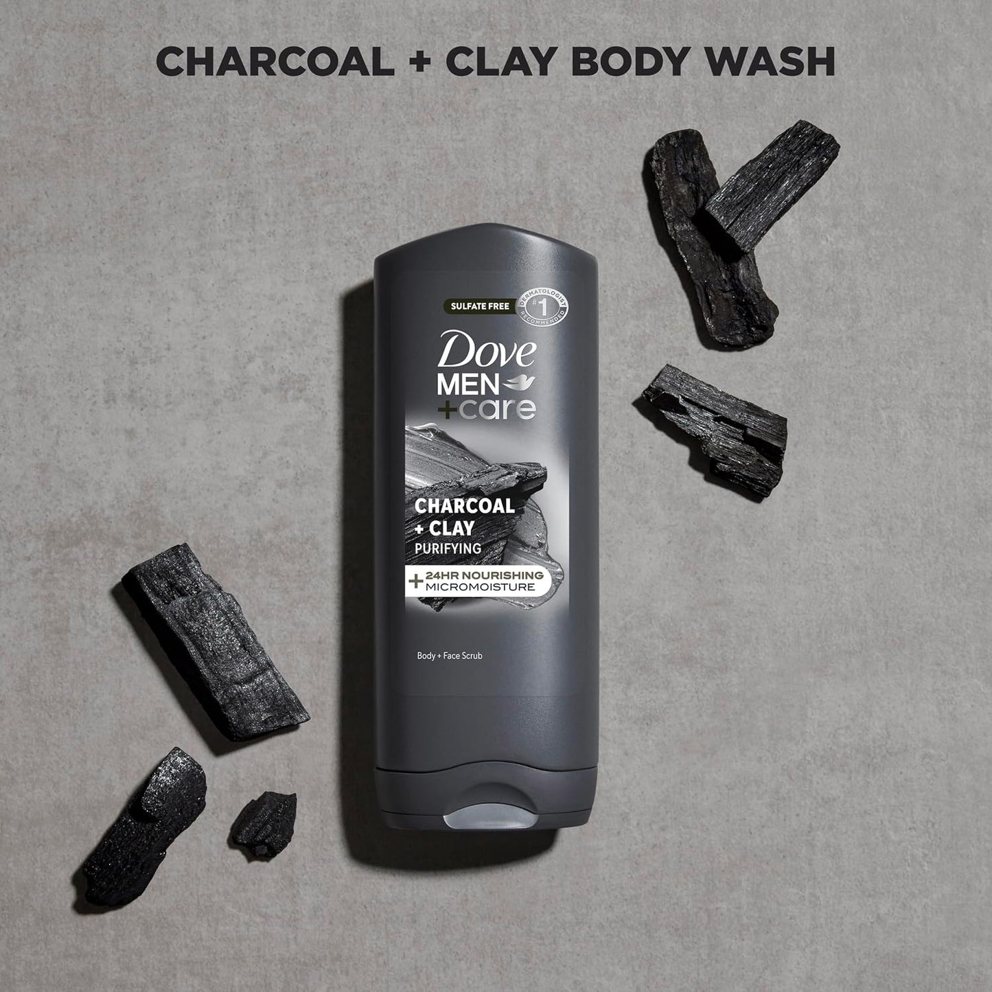 DOVE MEN + CARE Purifying Charcoal + Clay Body and Face Wash with 24-Hour Nourishing Micromoisture Technology Body Wash for Men, 13.5 Oz | with 24-Hour Nourishing Micromoisture Technology Body Wash for Men