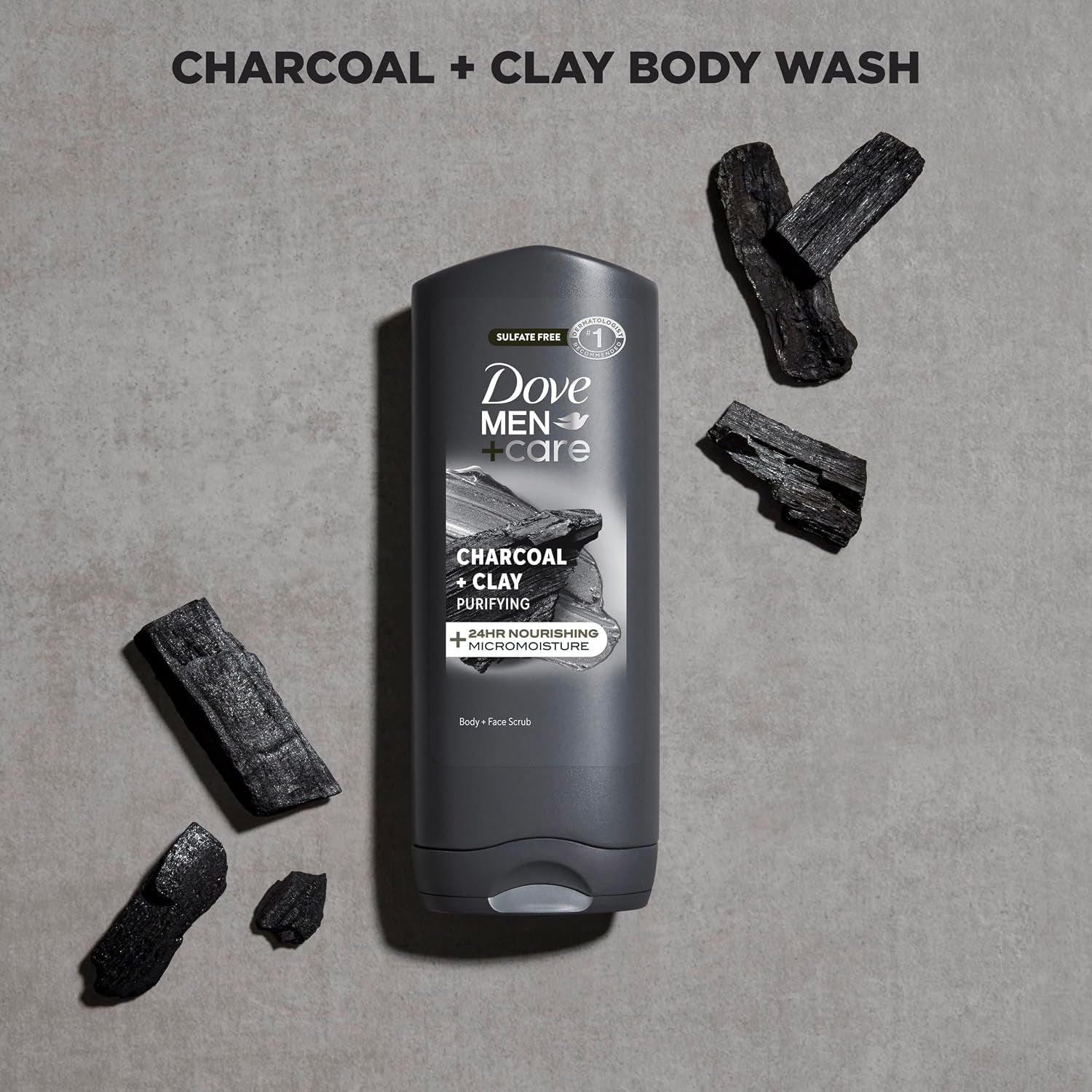 DOVE MEN + CARE Purifying Charcoal + Clay Body and Face Wash with 24-Hour Nourishing Micromoisture Technology Body Wash for Men, 13.5 Oz | with 24-Hour Nourishing Micromoisture Technology Body Wash for Men