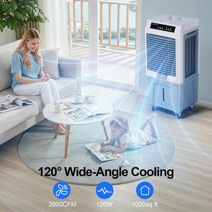 Swamp Cooler for Large Room, 43 Inch Evaporative Air Cooler 120°Oscillation, 3880CFM Portable Cooling Fan with Remote, 3 Speeds, 12H Windowless Air Conditioner, 10.6 Gal Tank for Garage Patio Outdoor