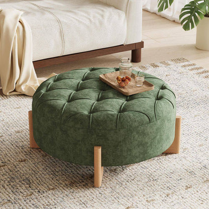 Green Chenille round Tufted Ottoman with Solid Wood Legs
