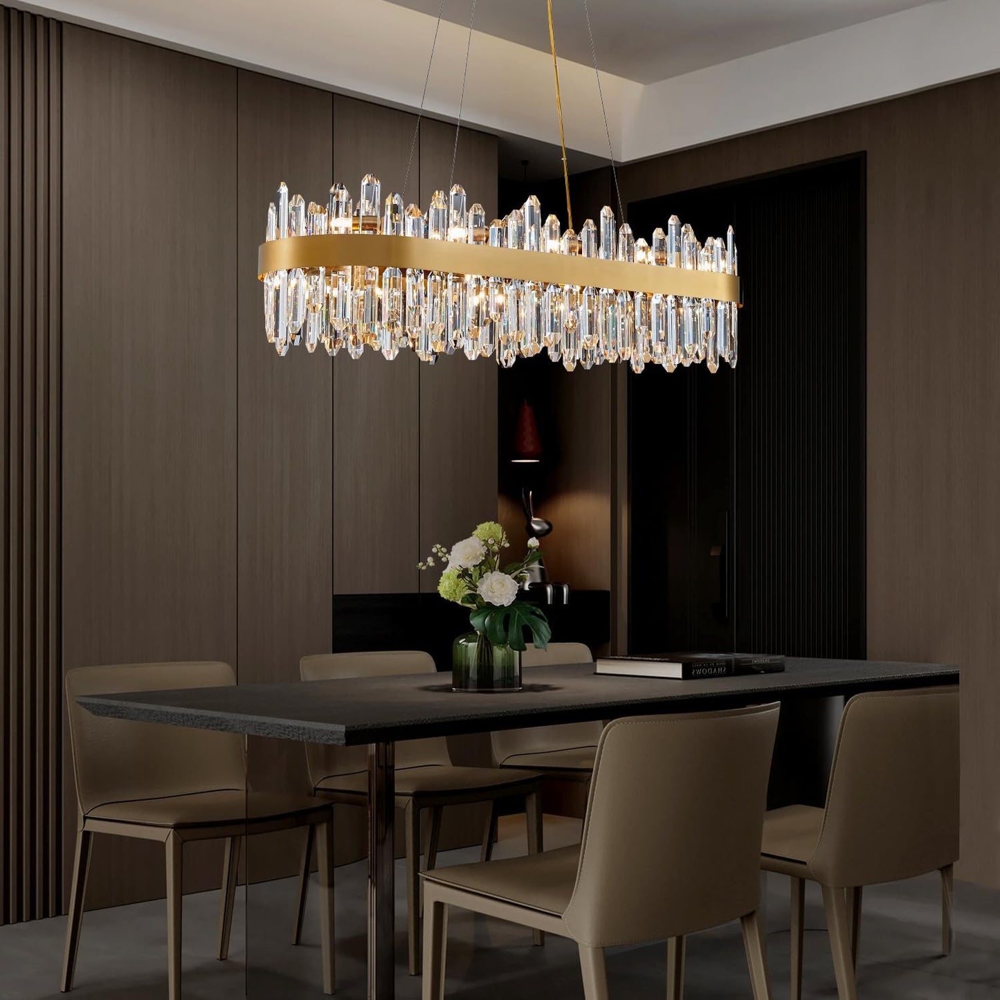 Modern Crystal Chandelier, 20-Lights Rectangle Gold Raindrop Chandelier Luxury Oval Pendant Ceiling Light Fixture for Living Room Dining Room Kitchen Island L35.4''