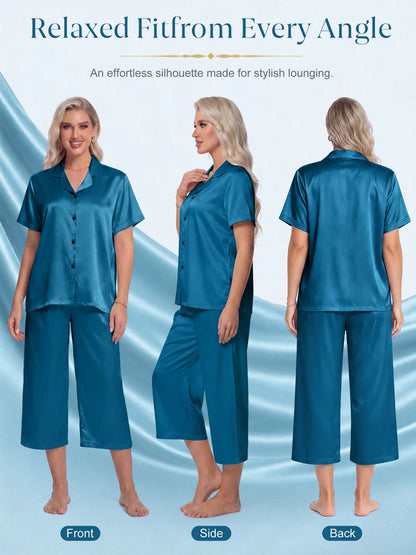 Silk Satin Pajama Set for Women Capri Pajamas Short Sleeve Button down Two Piece Pjs Sleepwear Soft Loungewear Nightwear