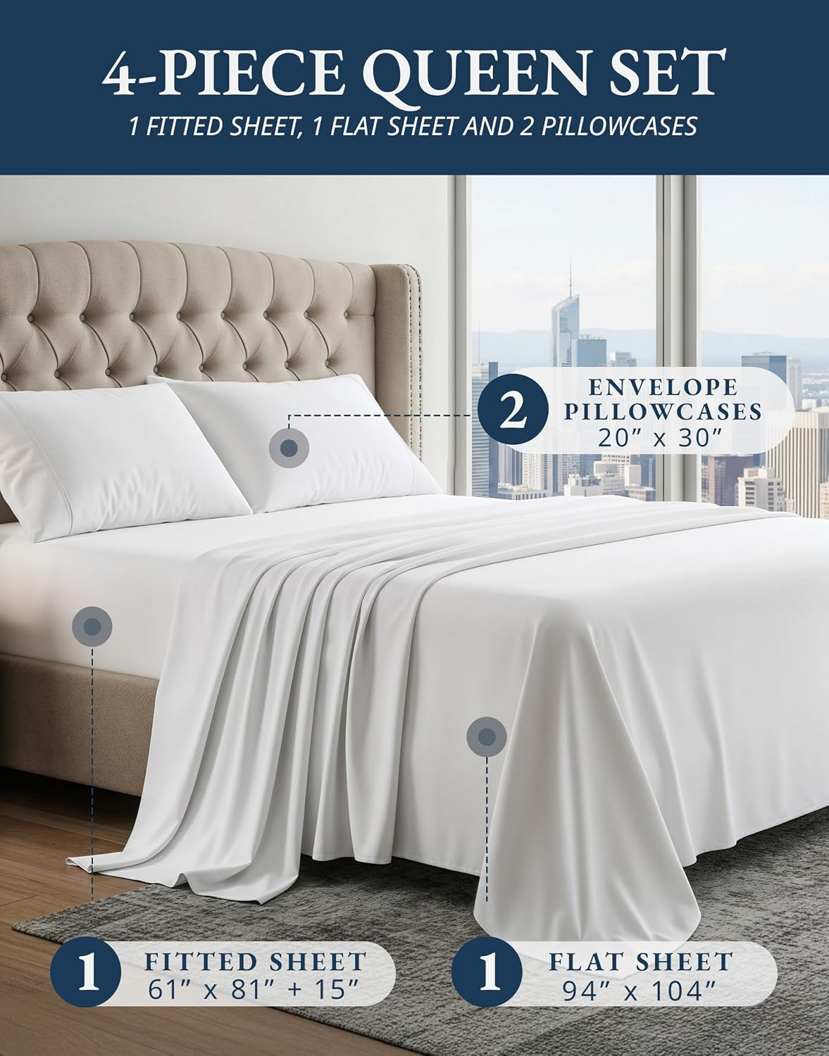 100% Egyptian Cotton Sheets Queen Size Sateen Weave - White