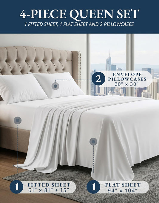 100% Egyptian Cotton Sheets Queen Size Sateen Weave - White