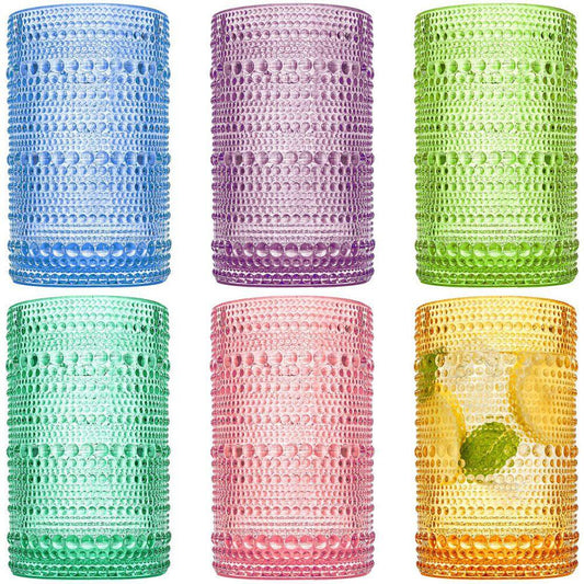 12 Oz. Colored Hobnail Glasses Set of 6, Embossed Design Glasses for Water, Beverages, Juice, Beer, Cocktail, Whiskey