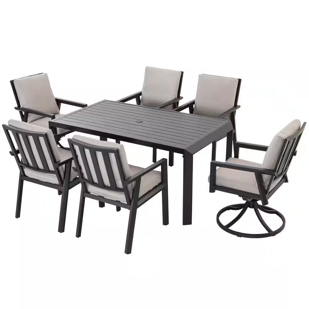 Black 7-Piece Aluminum Outdoor Dining Set with Gray Cushion