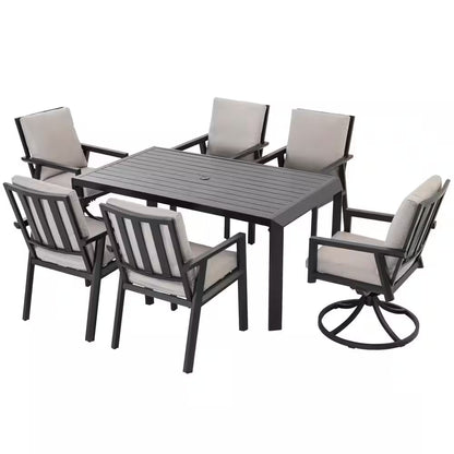 Black 7-Piece Aluminum Outdoor Dining Set with Gray Cushion