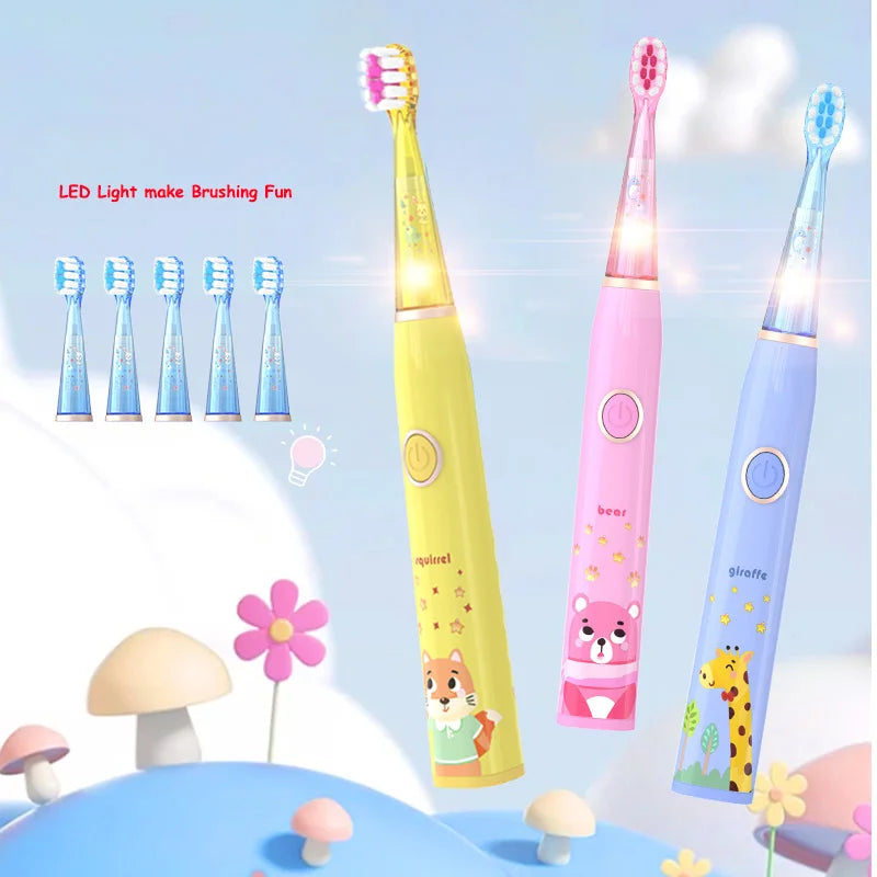 Kids Sonic Electric Toothbrush Cartoon with Colorful LED Light IPX7 Waterproof Overall Clean Teeth Rechargeable Care Toothbrush