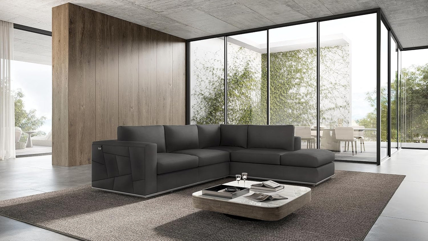 Surton Top Grain Italian Leather Sectional Sofa for Living Room and Home Office, Modern Luxury L-Shaped Couch, Right Arm Facing, 117" W, Dark Gray