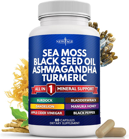 Sea Moss Black Seed Oil Ashwagandha Turmeric Bladderwrack Burdock - with Manuka, Honey Dandelion, ACV Black Pepper Gluten Free