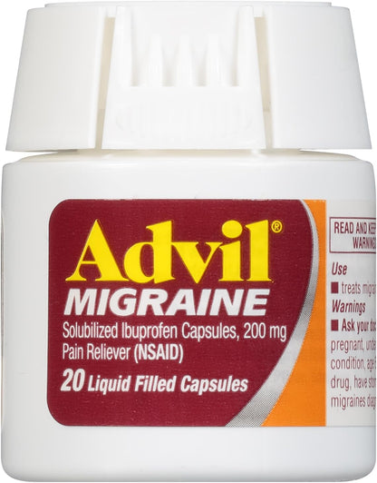 Migraine Headache Relief, Ibuprofen Capsules with Ibuprofen 200Mg for Migraine Relief, Nausea Relief and Light Sensitivity Relief - 20 Liquid Filled Capsules