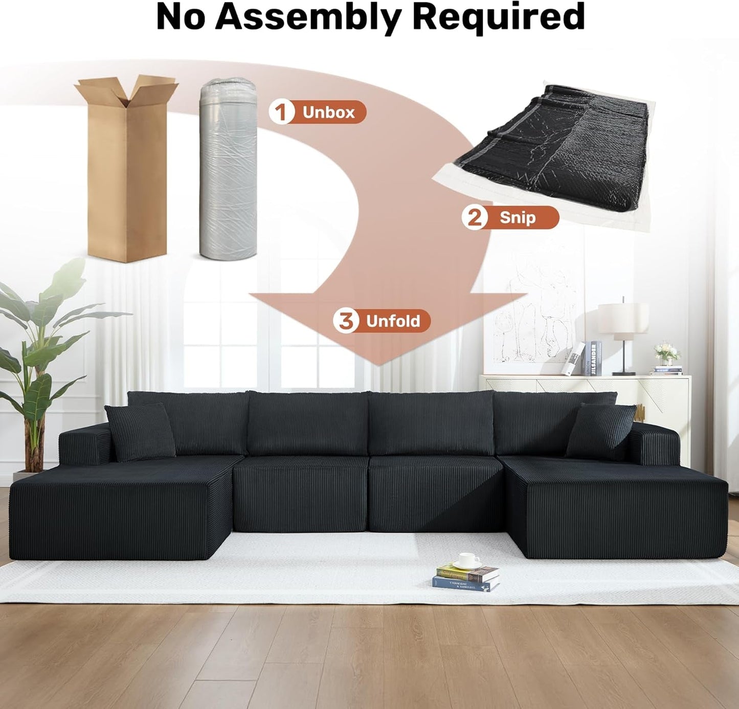 Corduroy Black UShaped Modular Sectional Sofa