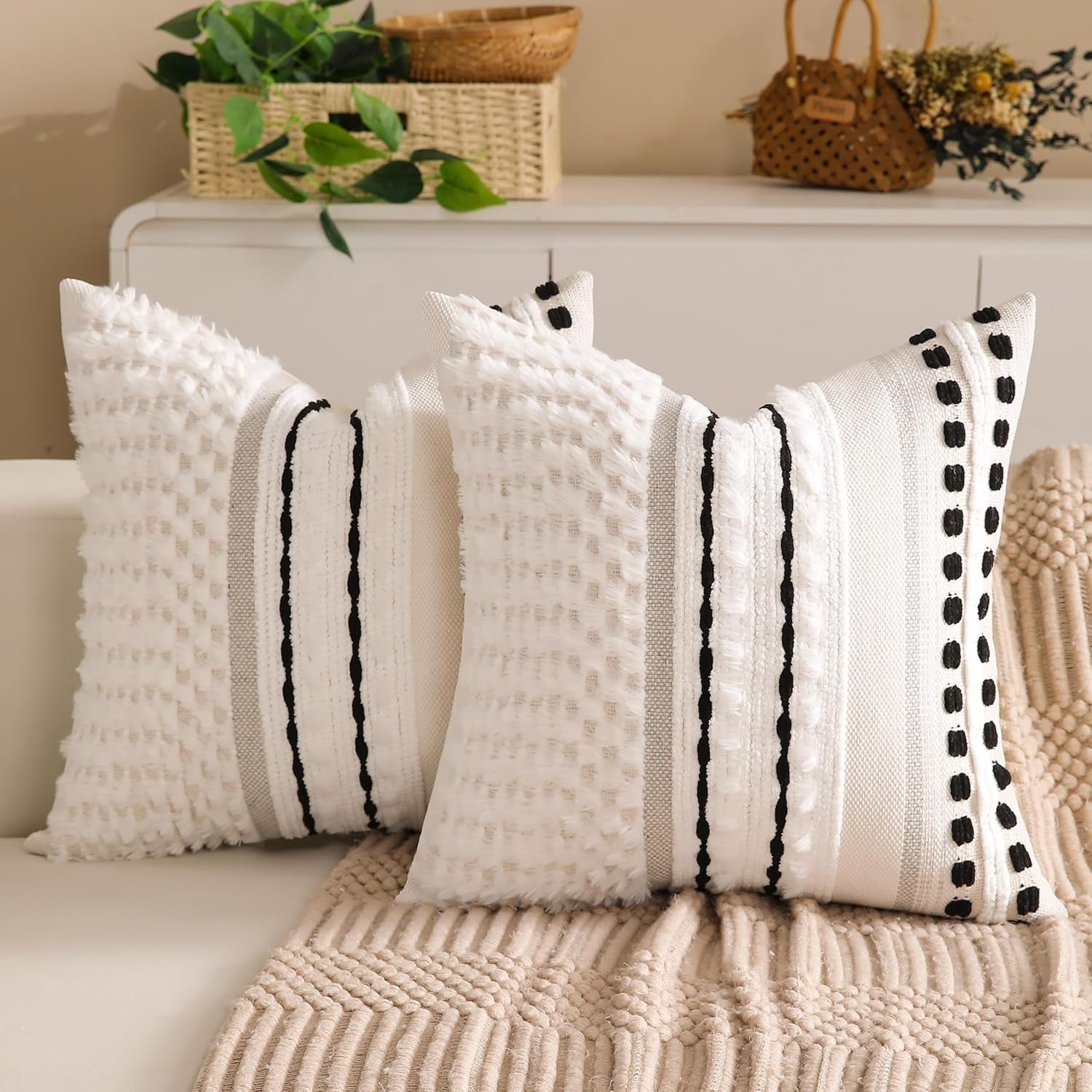 Boho Chenille Tufted Couch Throw Pillow Covers 18X18 Inch Set of 2 Farmhouse Striped Decorative Pillow Covers Accent Neutral Pillowcase Black Cushion Cover for Living Room Sofa Bed