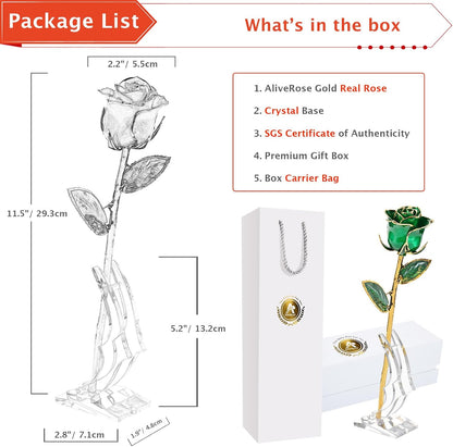 Gold Dipped Rose, 24K Gold Rose Made from Real Rose - Unique Design Gold Plated Rose for Anniversary Valentines Mothers Day Birthday Gifts (Green Original with Stand)