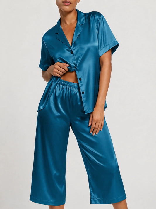 Silk Satin Pajama Set for Women Capri Pajamas Short Sleeve Button down Two Piece Pjs Sleepwear Soft Loungewear Nightwear