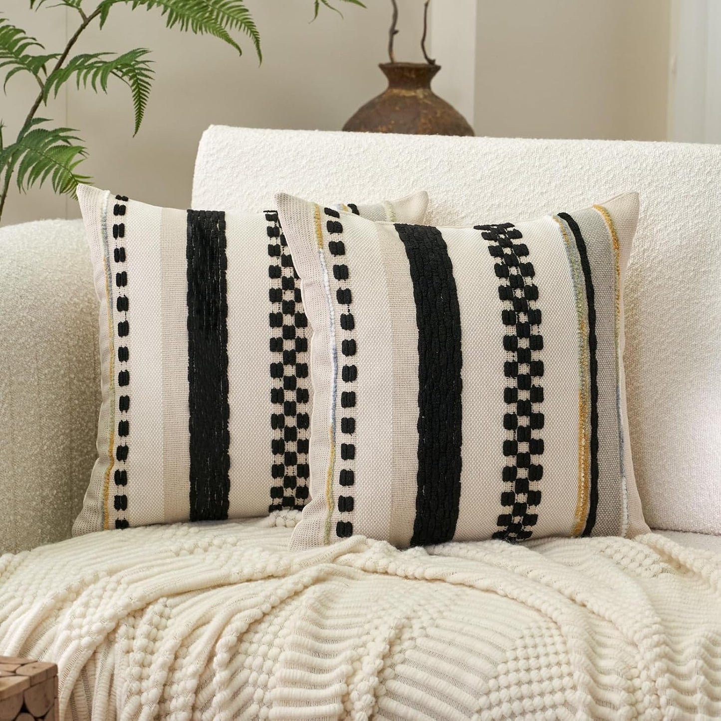 Boho Throw Pillow Covers 18X18 Inch Set of 2, Farmhouse Decorative Striped Square Pillow Covers Chenille Tufted Pillow Cases Accent Neutral Pillowcase for Living Room Couch Bed, Black