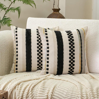 Boho Throw Pillow Covers 18X18 Inch Set of 2, Farmhouse Decorative Striped Square Pillow Covers Chenille Tufted Pillow Cases Accent Neutral Pillowcase for Living Room Couch Bed, Black