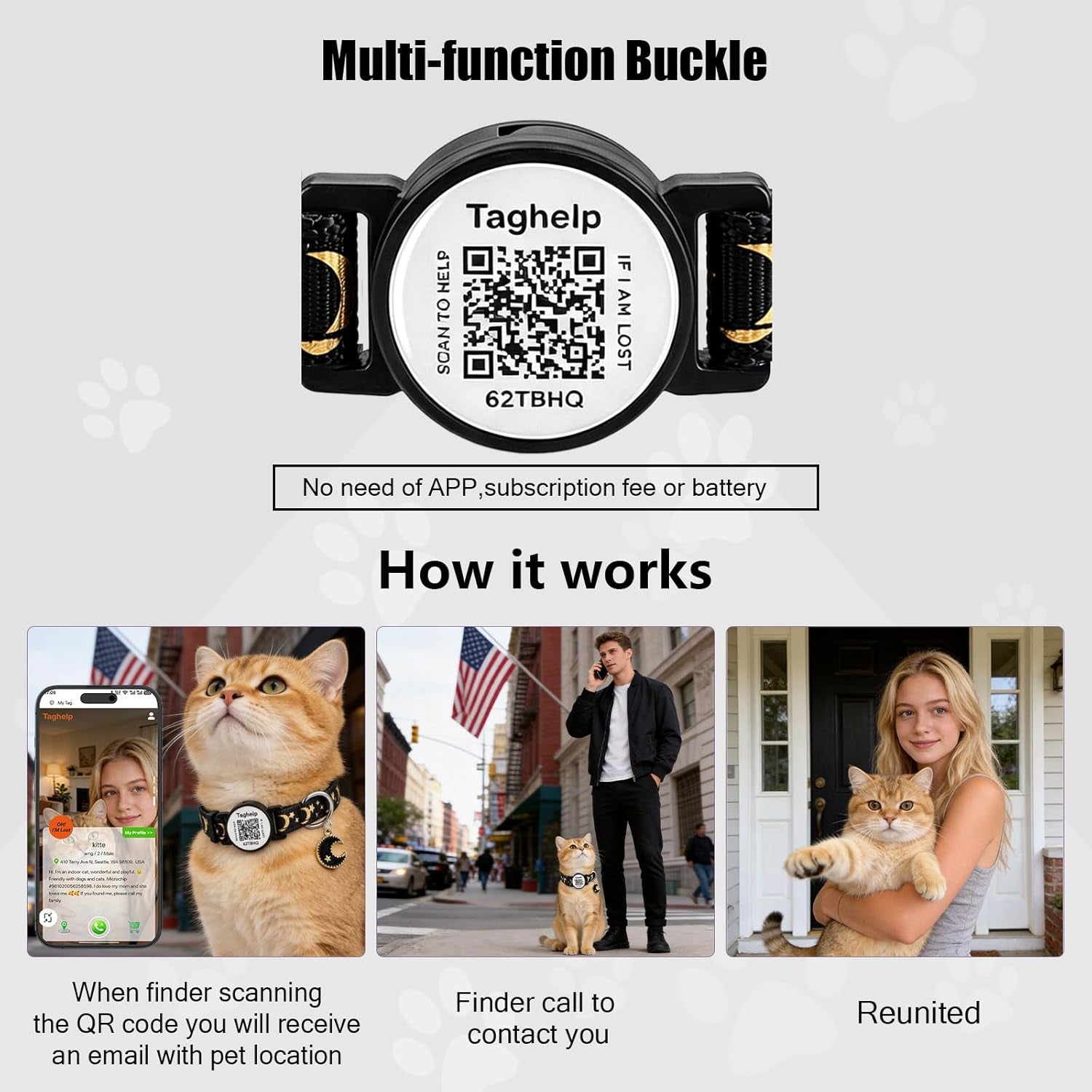 2 Pack Airtag Cat Collar, Breakaway Cat Airtag with Smart ID Tag & QR Code Reflective (Star Moon & Paw Pattern - Pink, with Integrated Airtag Holder)