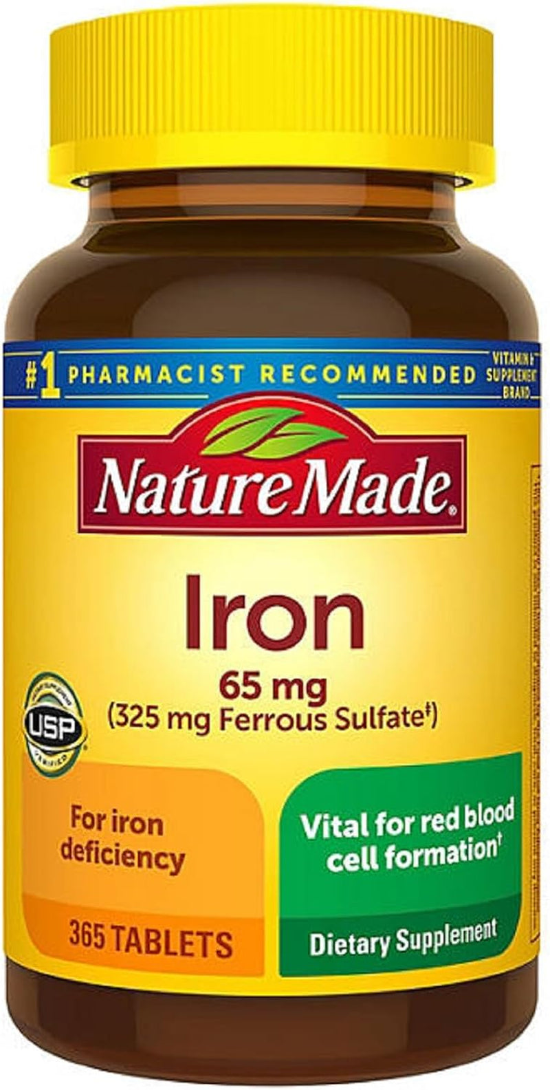 Iron 65 Mg (From Ferrous Sulfate) Tablets for Red Blood Cell Formation (365 Ct.).