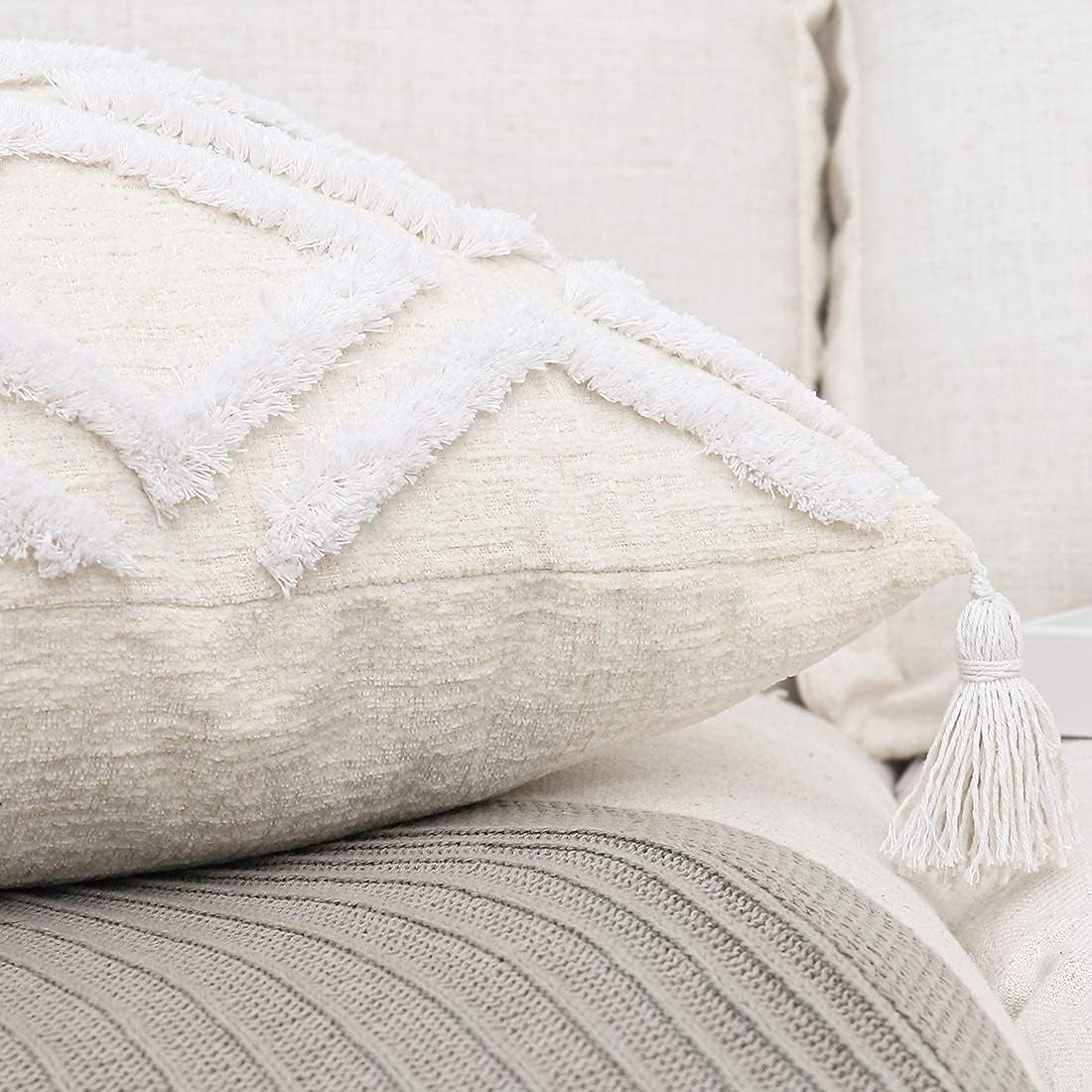Boho White Throw Pillow Cover 18X18 Inch with Tassels, Moroccan Tufted Decorative Cream Chenille Fabric Accent Textured Cushion Case for Bed Couch, 1 PC Cover Only No Insert